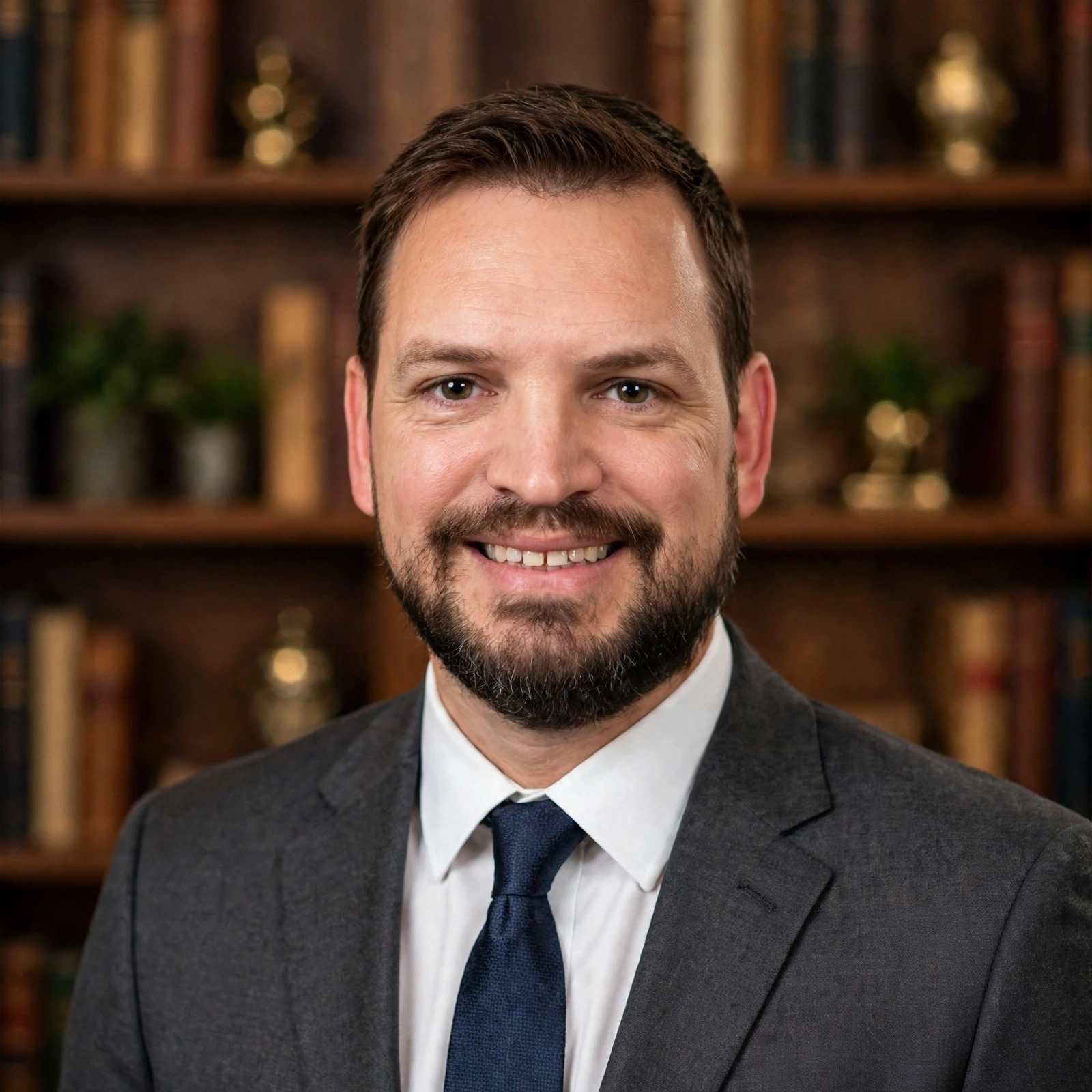 Jason McClaren in a charcoal suit in front of bookshelves