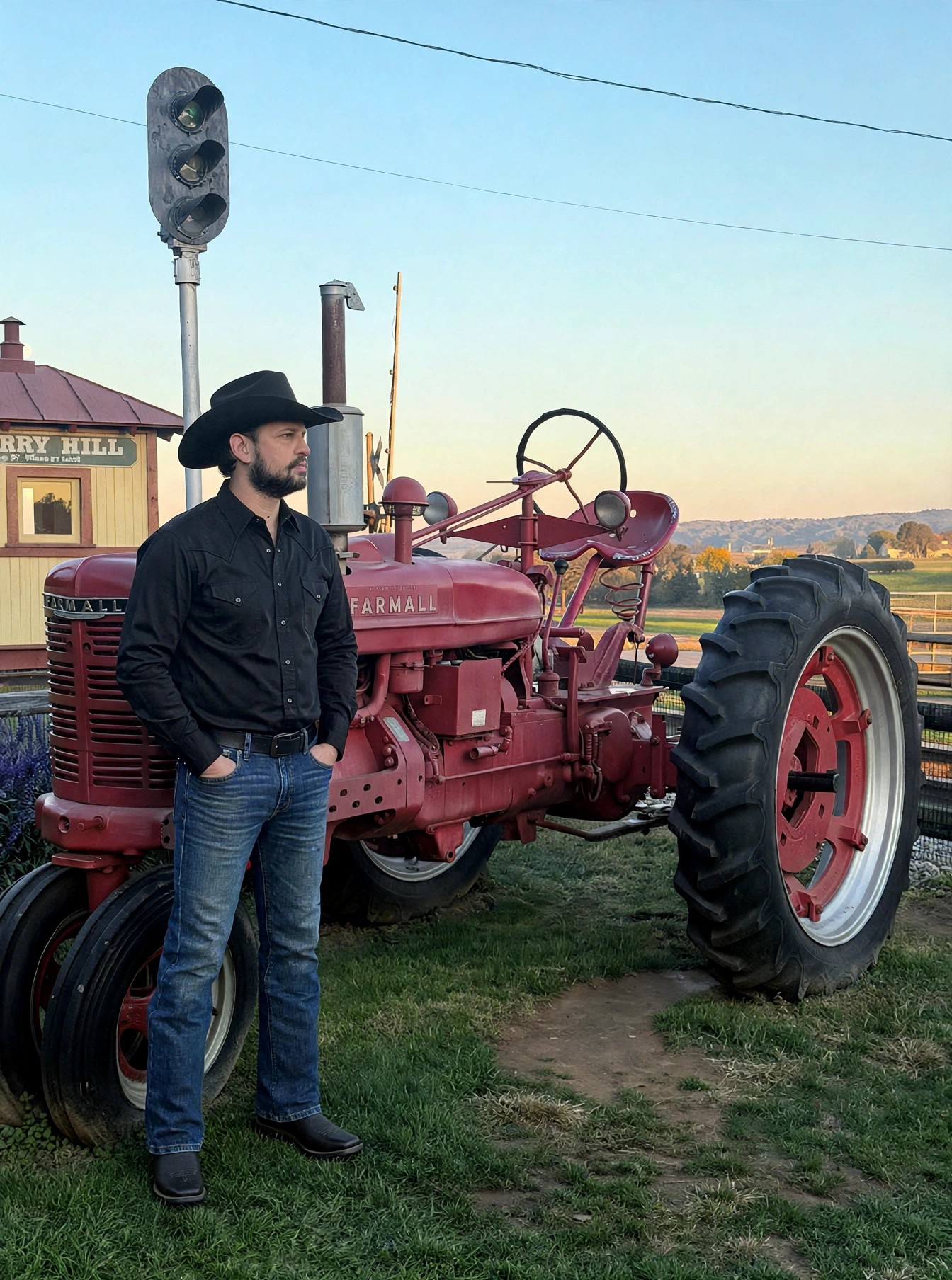 Jason McClaren in a black cowboy shirt, jeans, and square-toe Ariat boots beside a red Farmall tractor